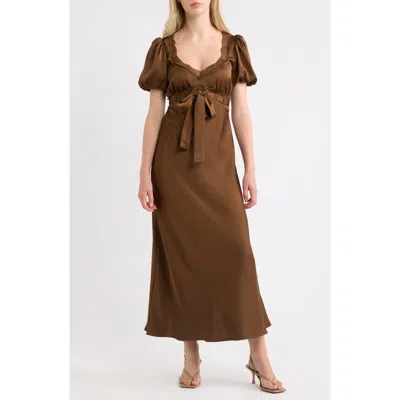 Moon River Puff Sleeve Lace Trim Maxi Dress In Brown