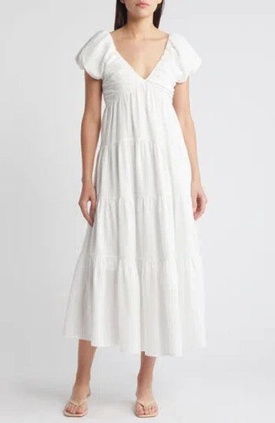 Moon River Puff Sleeve Midi Dress In White