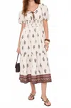Moon River Puff Sleeve Pleated Midi Dress In Cream Multi In White