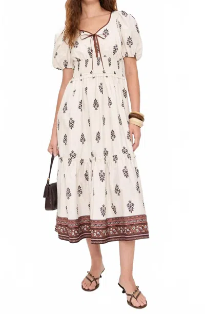 MOON RIVER PUFF SLEEVE PLEATED MIDI DRESS IN CREAM MULTI