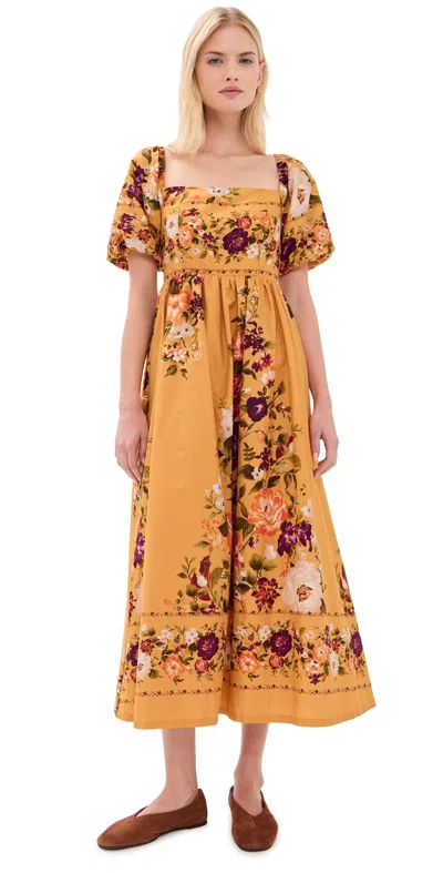 Moon River Puff Sleeve Square Neck Midi Dress Mustard Multi