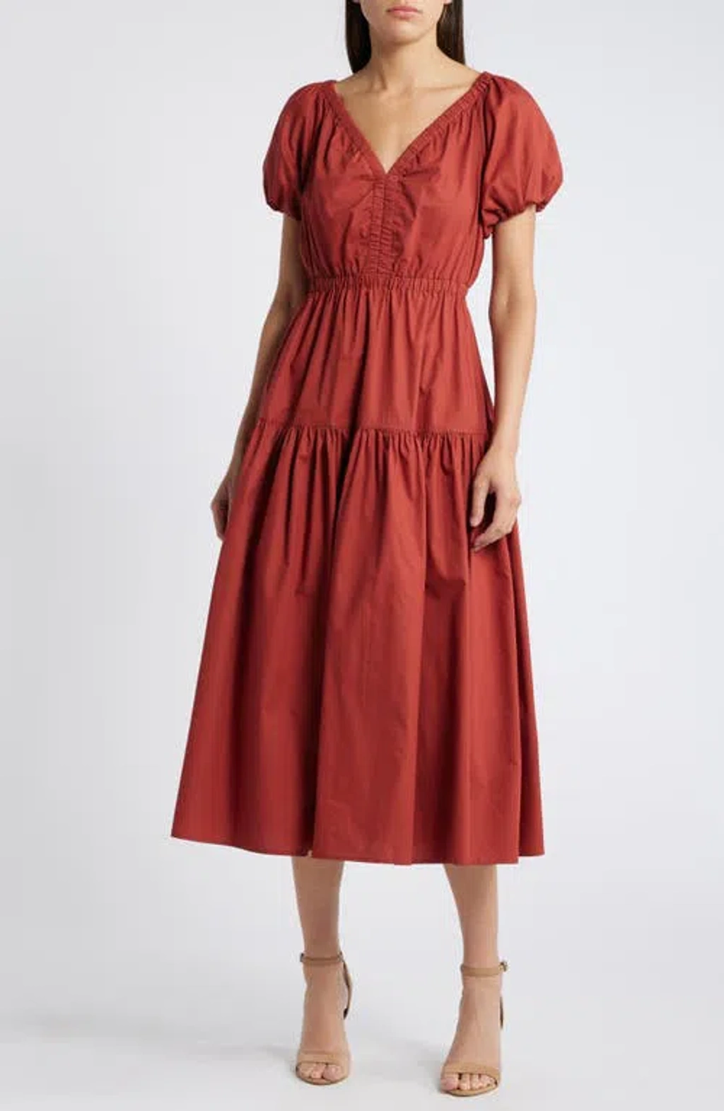 Moon River Puff Sleeve Tiered Midi Dress In Brick | ModeSens