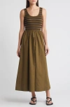 Moon River Stripe Mixed Media Stretch Cotton Tank Maxi Dress In Olive/black