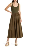 Moon River Ribbed Bodice Maxi Sundress In Olive