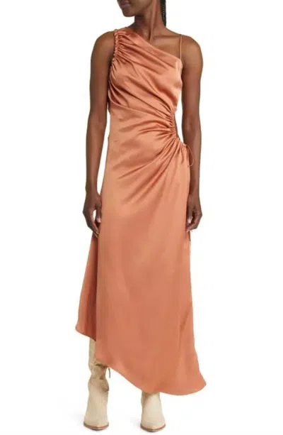 Moon River Ruched Asymmetric Satin Maxi Dress In Terracotta In Brown