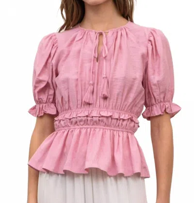 Moon River Rudy Puffed Sleeve Peplum Blouse In Bubble Gum Pink