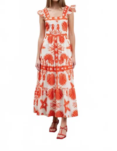 Moon River Ruffle Sleeve Tiered Midi Dress In Red Multi