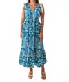 Moon River Ruffle Waist Tie Strap Midi Dress In Blue Multi In Multi