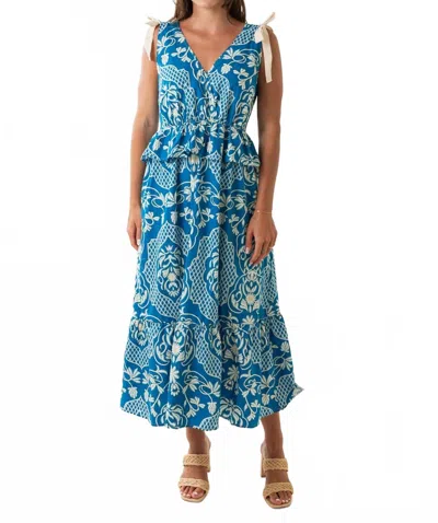 Moon River Ruffle Waist Tie Strap Midi Dress In Blue Multi