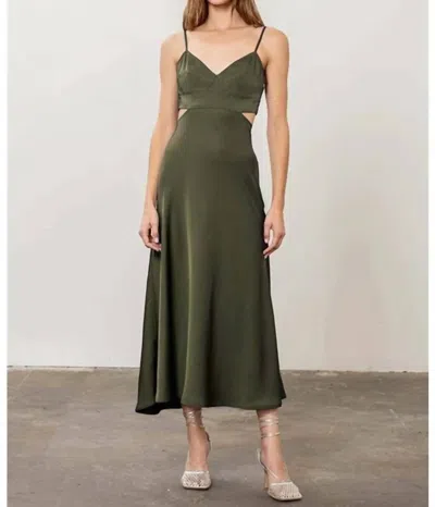 Moon River Satin Waist Cutout Smocked Back V-neck Sleeveless Dress In Olive In Green