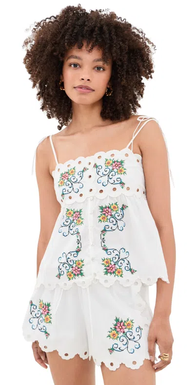 Moon River Scallop Floral Embroidered Top White Multi