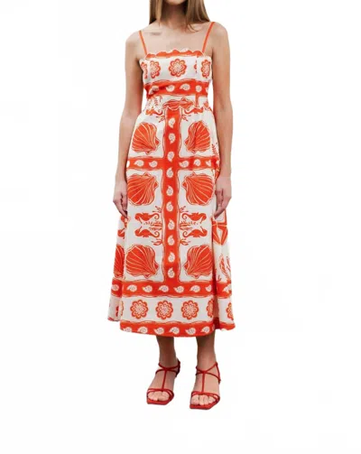 MOON RIVER SEA PRINT SCALLOP MIDI DRESS IN RED MULTI