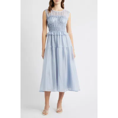 Moon River Semi Sheer Yoke Gathered Peplum Midi Dress In Blue
