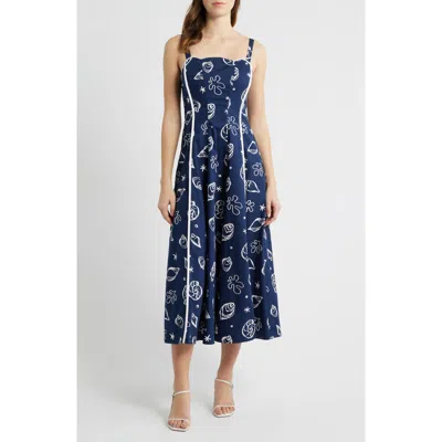 Moon River Shell Print Piped Cotton Midi Dress In Navy Multi
