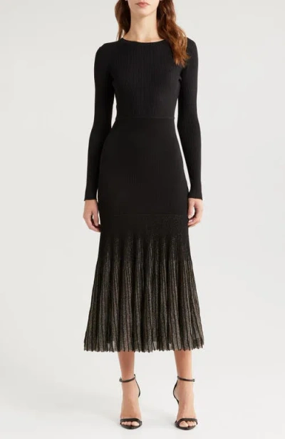 Moon River Shimmer Long Sleeve Rib Midi Dress In Black