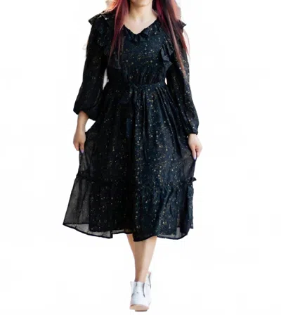 Moon River Shirred Chiffon Ruffle Midi Dress In Black