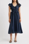 Moon River Shirred Midi Dress In Blue