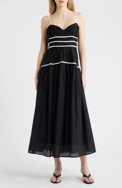 Moon River Shirred Tiered Midi Sundress In Black