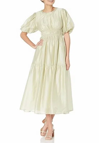 Moon River Shirred Tired Ruffle Back Tie Eyelet Dress In Cream In Green