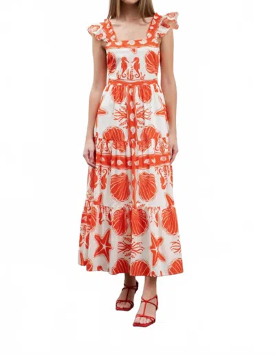 Moon River Shoreline Ruffle Midi Dress In Red Multi In Neutral