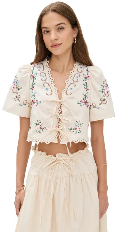 Moon River Short Puff Sleeve Eyelet Detail Top Cream Multi