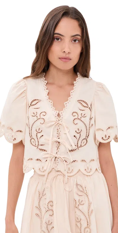 Moon River Short Sleeve Embroidered Eyelet Front Tie Top Cream In Pink