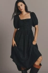 Moon River Short-sleeve Square-neck Lace-up Midi Dress In Green