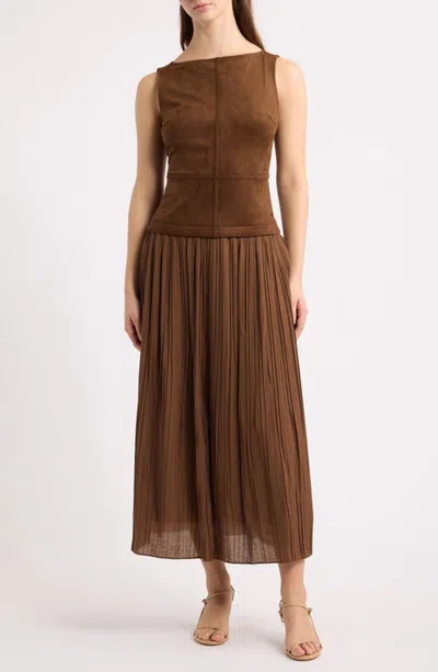 Moon River Sleeveless Faux Suede Mixed Media Midi Dress In Brown