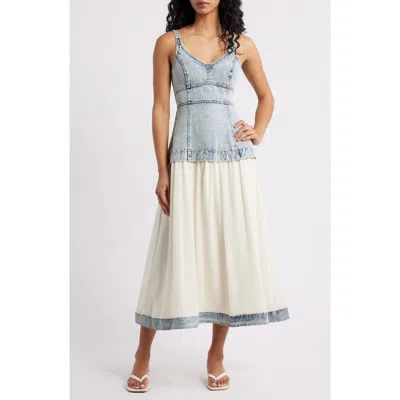 Moon River Sleeveless Mixed Media Denim Dress In White