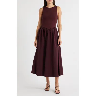 Moon River Sleeveless Mixed Media Fit & Flare Midi Dress In Burgundy