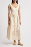 Moon River Sleeveless Mixed Media Midi Dress In Cream