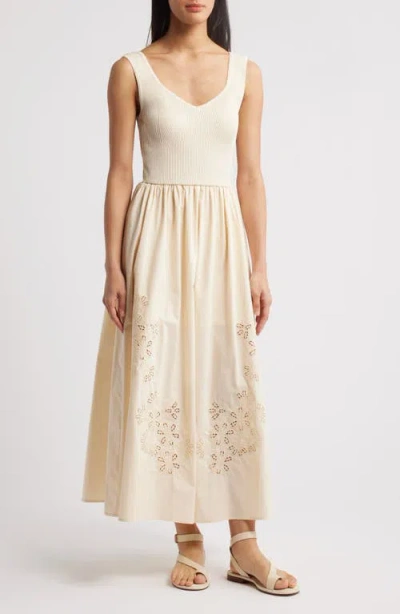 Moon River Sleeveless Mixed Media Midi Dress In Cream