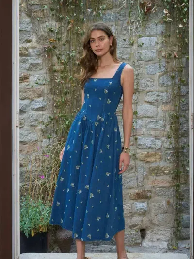 Moon River Sleeveless Square Neck Floral Embroidery Detail Denim Midi Dress In Indigo In Blue