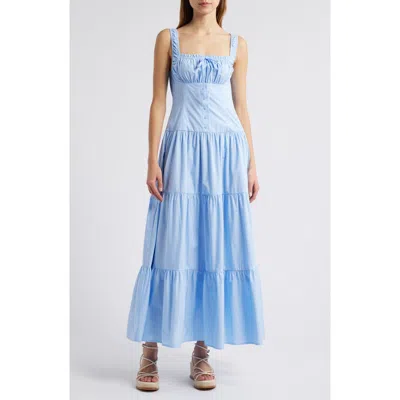 Moon River Sleeveless Tiered Cotton Midi Sundress In Light Blue