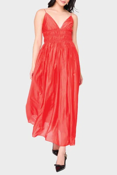 Moon River Sleeveless V-neck Shirred Midi Dress In Red