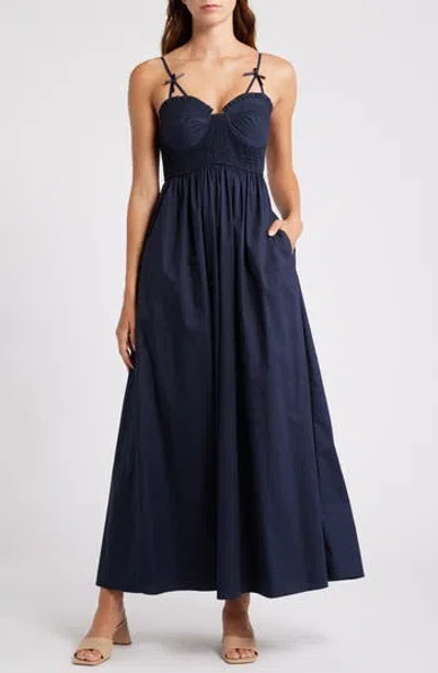 Moon River Smocked Cotton Midi Sundress In Black