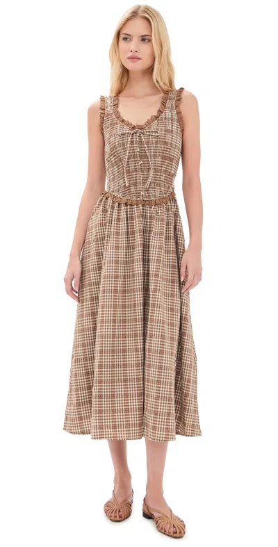 Moon River Smocked Lace Insert Midi Dress Camel Multi