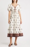 Moon River Puff Sleeve Pleated Midi Dress In Cream Multi In Multi