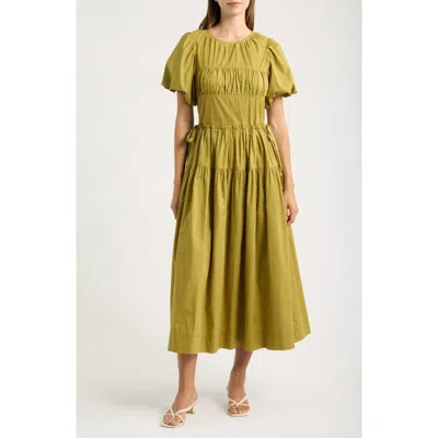 Moon River Smocked Puff Sleeve Midi Dress In Green