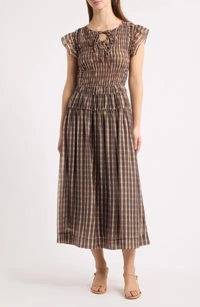 Moon River Smocked Tie Front Midi Dress In Brown