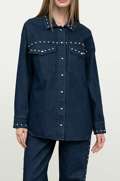 Moon River Snap Button Studded Denim Shirt Jacket Top In Dark Blue, Women's At Urban Outfitters