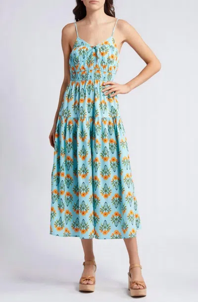 Moon River Spaghetti Strap Floral Midi Dress In Mint Multi