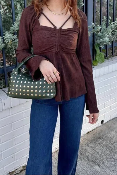 Moon River Square Neck Long Sleeve Top In Brown