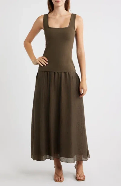 Moon River Square Neck Sleeveless Midi Dress In Neutral