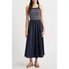 Moon River Stripe Bodice Mixed Media Midi Dress In Navy