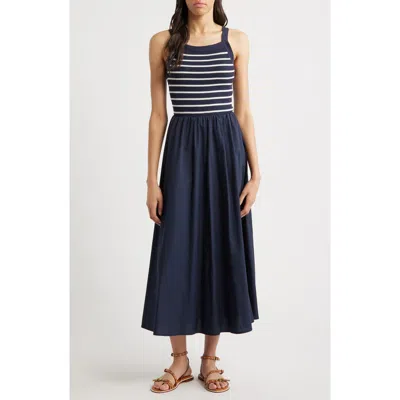 Moon River Stripe Bodice Mixed Media Midi Dress In Navy