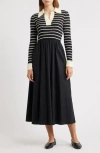 Moon River Stripe Long Sleeve Twofer Midi Dress In Black