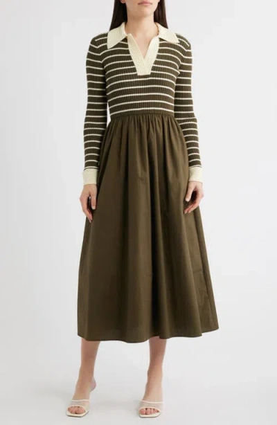 Moon River Stripe Long Sleeve Twofer Midi Dress In Blue