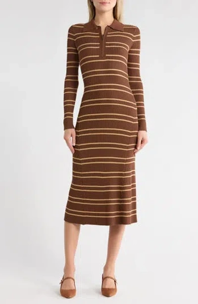 Moon River Stripe Quarter Zip Midi Dress In Brown