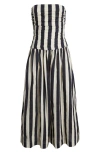 Moon River Stripe Ruched Strapless Midi Dress In Navy
